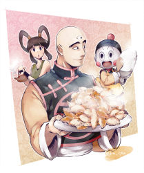 Rule 34 | 10s, 1girl, 2boys, :d, :o, bald, bare shoulders, black eyes, black hair, blush stickers, bowl, chaozu, chinese clothes, dragon ball, dragon ball super, dragonball z, dumpling, floral background, food, green shirt, happy, hat, holding, jiaozi, light smile, long sleeves, multiple boys, open mouth, outside border, pink background, plate, rice, rice bowl, shamoji, shirt, simple background, sleeveless, smile, spoon, steam, sweatdrop, teapot, tenshinhan, third eye, twintails, twitter username, upper body, white background, wooden spoon, wristband, yurin (dragon ball)