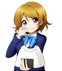 Rule 34 | 1girl, blazer, blue bow, blue jacket, blush, bow, breasts, brown hair, closed mouth, collared shirt, diagonal stripes, dress shirt, eyebrows hidden by hair, food, food on face, hair between eyes, highres, holding, holding food, jacket, koizumi hanayo, kuena, long sleeves, looking at viewer, love live!, love live! school idol project, medium breasts, onigiri, outstretched arm, purple eyes, rice, rice on face, school uniform, shirt, short hair, simple background, smile, solo, striped, striped bow, upper body, white background, white shirt