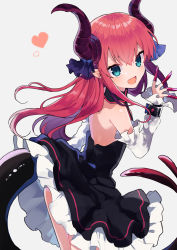 Rule 34 | 10s, 1girl, :d, asymmetrical horns, bad id, bad pixiv id, bare shoulders, black dress, blue ribbon, blush, commentary request, cowboy shot, curled horns, detached sleeves, dragon girl, dragon horns, dragon tail, dress, elizabeth bathory (fate), elizabeth bathory (fate/extra ccc), elizabeth bathory (first ascension) (fate), fang, fate/extra, fate (series), green eyes, grey background, hair between eyes, hair ribbon, hand up, heart, highres, horns, ikeuchi tanuma, long hair, long sleeves, looking at viewer, looking to the side, open mouth, pink hair, pointy ears, ribbon, sidelocks, sleeveless, sleeveless dress, smile, solo, tail, two side up, uneven horns, very long hair