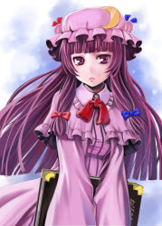 Rule 34 | 1girl, blue ribbon, blunt bangs, book, capelet, crescent, crescent hair ornament, double bun, frilled sleeves, frills, gradient background, grimoire, hair bun, hair ornament, hat, hat ribbon, highres, holding, holding book, long hair, looking at viewer, mob cap, o223, parted lips, patchouli knowledge, purple eyes, purple hair, red ribbon, ribbon, solo, touhou, very long hair