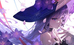 1girl bare_shoulders breasts cleavage collarbone commentary finger_to_mouth floating_hair flower from_side hair_ornament hat hat_flower herta_(honkai:_star_rail) highres honkai:_star_rail honkai_(series) hukw jewelry key key_necklace long_hair looking_at_viewer medium_breasts necklace parted_lips pink_nails pink_petals portrait purple_eyes purple_flower purple_hair purple_hat solo strapless the_herta_(honkai:_star_rail) very_long_hair white_background witch_hat x_hair_ornament