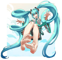 Rule 34 | 1girl, 39, absurdly long hair, aqua eyes, aqua hair, armpits, bare legs, bare shoulders, barefoot, belt, blue necktie, breasts, commentary, detached sleeves, eiji (eiji), feet, foot focus, foreshortening, full body, hair between eyes, hair ribbon, hatsune miku, highres, long hair, looking at viewer, medium breasts, miku day, nail polish, necktie, open mouth, outstretched arms, pleated skirt, ribbon, skirt, soles, solo, tail, thighs, toenail polish, toenails, toes, twintails, very long hair, vocaloid, wide sleeves