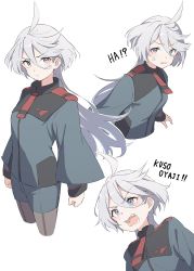 Rule 34 | 1girl, absurdres, ahoge, anger vein, angry, asticassia school uniform, black pantyhose, blush, clenched hand, cropped legs, cropped torso, eitopondo, green jacket, green shorts, grey eyes, grey hair, gundam, gundam suisei no majo, hair between eyes, highres, jacket, long hair, long sleeves, looking at viewer, miorine rembran, multiple views, necktie, open mouth, pantyhose, red necktie, romaji text, school uniform, serious, shorts, shouting, upper body, v-shaped eyebrows, wide sleeves