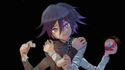 Rule 34 | 1boy, black background, black hair, black jacket, checkered clothes, checkered scarf, danganronpa (series), danganronpa v3: killing harmony, explosive, extra arms, grenade, grey jacket, grin, hair between eyes, holding, holding grenade, holding paper, interlocked fingers, jacket, looking at viewer, ma (popopoaabb), male focus, oma kokichi, own hands together, paper, purple hair, scarf, simple background, smile, solo, tears, teeth, upper body