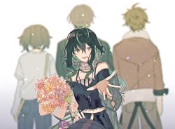 Rule 34 | 1girl, 3boys, black hair, black shirt, black skirt, blue pants, bouquet, brown hair, brown jacket, brown pants, collarbone, commission, denim, female pov, flower, gaon (nijisanji), green hair, green jacket, grey scarf, han chi ho, highres, holding, holding bouquet, jacket, jeans, long hair, min suha, multiple boys, nijisanji, nijisanji kr, off-shoulder shirt, off shoulder, open hand, open mouth, pants, pov, roji (roji xx), scarf, second-party source, shin yuya, shirt, skirt, smile, sweater, twintails, virtual youtuber, white sweater, wiffy