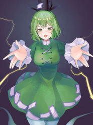 Rule 34 | 1girl, :d, absurdres, black hat, blush, breasts, cross-laced clothes, dark background, dress, electricity, eyebrows hidden by hair, foreshortening, ghost tail, gradient background, green dress, green eyes, green hair, hat, highres, juliet sleeves, koizumo, large breasts, long sleeves, looking at viewer, ofuda, ofuda on clothes, open mouth, outstretched arms, puffy sleeves, purple background, reaching, reaching towards viewer, short hair, simple background, smile, soga no tojiko, solo, tate eboshi, touhou, ||/