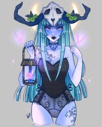 Rule 34 | 1girl, animal skull, antlers, aqua hair, artist logo, bare shoulders, black choker, black leotard, black lips, blue skin, blunt bangs, breasts, choker, cleavage, collarbone, colored skin, commission, crescent moon, ear piercing, grey background, holding lamp, horns, lace-trimmed choker, lace-trimmed leotard, lace trim, larienne, leotard, lipstick, long hair, looking at viewer, makeup, moon, original, piercing, skull on head, solo, standing, witch