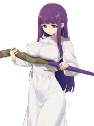 Rule 34 | 1girl, blunt bangs, breasts, closed mouth, commentary request, fern (sousou no frieren), highres, holding, large breasts, long sleeves, purple eyes, purple hair, sidelocks, simple background, sousou no frieren, white background, yd (orange maru)