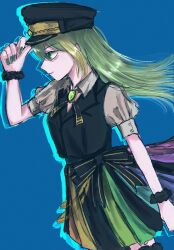 Rule 34 | 1girl, agoagotacoshi, alina gray, arm at side, bad id, bad twitter id, black bow, black hat, black vest, blue background, bow, brooch, collar, cowboy shot, cross tie, detached collar, fingernails, from side, fur cuffs, gem, green gemstone, green hair, green nails, hat, hat tip, highres, jewelry, lapels, long fingernails, long hair, magia record: mahou shoujo madoka magica gaiden, magical girl, mahou shoujo madoka magica, miniskirt, multicolored clothes, multicolored hair, multicolored skirt, peaked cap, pleated skirt, profile, puffy short sleeves, puffy sleeves, short sleeves, simple background, skirt, solo, streaked hair, striped clothes, striped skirt, vertical-striped clothes, vertical-striped skirt, vest, waist bow, white collar, white sleeves