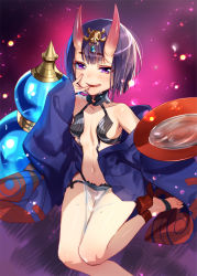 Rule 34 | 1girl, :q, alcohol, ankle ribbon, bare shoulders, barefoot, barefoot sandals (jewelry), blush, bob cut, breasts, cup, fang, fate/grand order, fate (series), highres, horns, japanese clothes, jewelry, kimono, leg ribbon, looking at viewer, md5 mismatch, midriff, murakami yuichi, navel, off shoulder, oni, open mouth, purple background, purple eyes, purple hair, resolution mismatch, revision, ribbon, sakazuki, sake, short hair, shuten douji (fate), shuten douji (first ascension) (fate), skin-covered horns, small breasts, smile, solo, source smaller, tongue, tongue out, wakamezake
