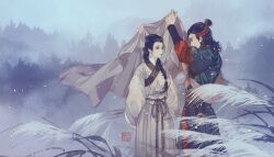 Rule 34 | 1boy, 1girl, arms behind back, arms up, black hair, blurry, braid, braided ponytail, character request, chinese clothes, cowboy shot, depth of field, eye contact, forest, green robe, grey robe, grey sky, hair over shoulder, hair pulled back, half updo, hanfu, highres, holding, holding clothes, improvised umbrella, jiangnan baijingtu, layered sleeves, light particles, long hair, long sleeves, looking at another, medium hair, mengxiaheqing, nature, outdoors, parted lips, pouch, profile, puffy long sleeves, puffy sleeves, red hair, robe, rope, sash, short over long sleeves, short sleeves, single braid, sky, smile, standing, xu xiake, yaopei