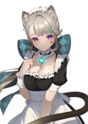 Rule 34 | 1girl, alternate costume, animal ear fluff, animal ears, apron, bow, braid, breasts, cat ears, cat girl, cat tail, choker, cleavage, collarbone, commentary request, enmaided, facial tattoo, forehead, frilled apron, frilled choker, frills, genshin impact, grey hair, hair bow, hair ribbon, highres, long hair, looking at viewer, lynette (genshin impact), maid, maid apron, maid headdress, meda, medium breasts, parted bangs, pendant choker, ponytail, purple eyes, ribbon, short sleeves, sidelocks, simple background, single braid, solo, star tattoo, tail, tattoo, vision (genshin impact), white apron, white background, white choker, wristband