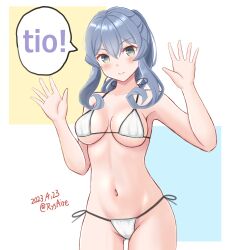 Rule 34 | 1girl, ame-san, bikini, blue eyes, blue hair, breasts, commentary request, cowboy shot, dated, gluteal fold, gotland (kancolle), hair between eyes, highres, kantai collection, long hair, looking at viewer, medium breasts, multicolored background, navel, ponytail, side-tie bikini bottom, sidelocks, smile, solo, speech bubble, standing, swedish text, swimsuit, translated, white bikini
