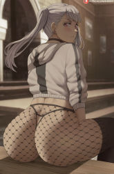 Rule 34 | 1girl, arched back, ass, black clover, black pantyhose, blurry, blurry background, blush, choker, drawing (object), earrings, female focus, fishnet thighhighs, fishnets, from behind, highres, hood, hood down, hooded jacket, huge ass, indoors, jacket, jewelry, long hair, looking at viewer, looking back, noelle silva, pantyhose, parted lips, patreon logo, patreon username, pink eyes, shexyo, sitting, solo, striped clothes, striped jacket, thighhighs, thighs, thong, twintails, v-shaped eyebrows, vertical-striped clothes, vertical-striped jacket, watermark, web address