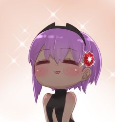 Rule 34 | 1girl, = =, bare shoulders, black bodysuit, blush, bodysuit, brown background, chibi, closed eyes, dark-skinned female, dark skin, facing viewer, fate/prototype, fate/prototype: fragments of blue and silver, fate (series), glint, gradient background, hair between eyes, hassan of serenity (fate), i.u.y, purple hair, smile, solo, sparkle, upper body, white background