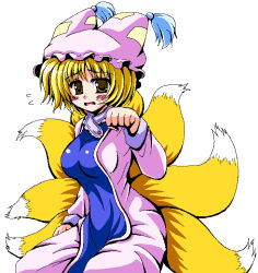 Rule 34 | 1girl, blonde hair, blush, breasts, cleavage, d:, dress, female focus, fox tail, hat, hip focus, impossible clothes, impossible dress, looking at viewer, multiple tails, nagana sayui, oekaki, open mouth, paw pose, seiza, simple background, sitting, solo, tabard, tail, touhou, white background, white dress, yakumo ran, yellow eyes
