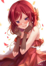 Rule 34 | 1girl, birthday, black gloves, blush, commentary request, confetti, depe, dress, earrings, elbow gloves, gloves, highres, jewelry, looking at viewer, love live!, love live! school idol project, necklace, nishikino maki, purple eyes, red dress, red hair, short hair, sidelocks, solo