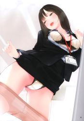 Rule 34 | 1girl, absurdres, ama mitsuki, black hair, black jacket, black skirt, blouse, breath, clothes lift, clothes pull, collarbone, collared shirt, feet out of frame, formal, heavy breathing, highres, id card, indoors, jacket, lanyard, looking back, non-web source, open mouth, original, page number, pantyhose, pantyhose pull, pencil skirt, pink pantyhose, satin bra, satin panties, scan, see-through, see-through legwear, shirt, skirt, skirt lift, skirt suit, solo, standing, striped clothes, striped shirt, suit, vertical stripes