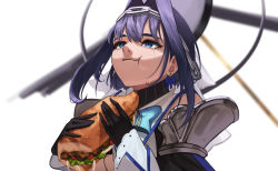 Rule 34 | 1girl, :t, blue eyes, bread, breasts, cleavage, detached sleeves, earrings, eating, edwin62293123, food, gloves, happy, helix, highres, hololive, hololive english, jewelry, lettuce, meat, medium breasts, ouro kronii, purple hair, ribbon, sandwich, short hair, simple background, smile, solo, subway (company), tears, underboob, virtual youtuber