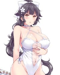 Rule 34 | 1girl, amane hasuhito, azur lane, bow, breasts, brown eyes, casual one-piece swimsuit, choker, cleavage, cowboy shot, criss-cross halter, flower, hair bow, hair flower, hair ornament, halterneck, hand on own chest, hand on own stomach, high ponytail, katana, large breasts, long hair, one-piece swimsuit, ponytail, see-through, simple background, solo, swimsuit, sword, takao (azur lane), takao (beach rhapsody) (azur lane), very long hair, weapon, white background, white one-piece swimsuit