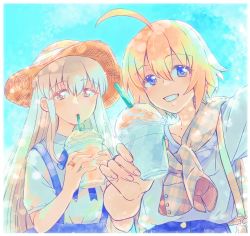 Rule 34 | 2girls, absurdres, ahoge, amano soraha, assault lily, bag, black ribbon, blonde hair, blue eyes, blue skirt, blue sky, border, brown eyes, brown headwear, brown shirt, cup, day, disposable cup, drinking, drinking straw, drinking straw in mouth, egawa kusumi, fingernails, flower, grey hair, grin, hair between eyes, hair flower, hair ornament, hands up, hat, high-waist skirt, highres, holding, holding cup, jewelry, light blush, light particles, long hair, long sleeves, looking at viewer, low ponytail, multiple girls, neck ribbon, outdoors, outstretched arm, plaid, plaid shirt, ponytail, ribbon, ring, selfie, shirt, shirt on shoulders, short sleeves, shoulder bag, sidelocks, skirt, sky, smile, sorato (astllatte), standing, straw hat, sun hat, suspender skirt, suspenders, upper body, very long hair, white border, white shirt