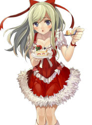 Rule 34 | 1girl, :o, blue eyes, blush, bow, breasts, cake, christmas, cleavage, collarbone, dragon maker, dress, food, fork, gaou (umaiyo puyoman), green hair, hair bow, hat, heart, kneehighs, long hair, looking at viewer, open mouth, red dress, santa costume, santa hat, simple background, small breasts, socks, solo, white background