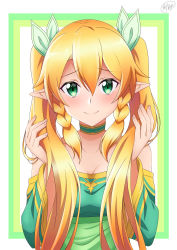 Rule 34 | 1girl, alternate hairstyle, bare shoulders, blonde hair, blush, braid, breasts, choker, cleavage, closed mouth, collarbone, commentary request, green eyes, green ribbon, hair between eyes, hair ornament, hair ribbon, hands up, highres, holding, holding own hair, ken-ji, leafa, long hair, long sleeves, looking at viewer, medium breasts, pointy ears, ribbon, smile, solo, striped, sword art online, twin braids, twintails, upper body