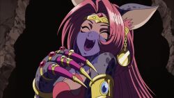 Rule 34 | 1girl, ^ ^, animal ears, bastemon, breasts, cat ears, cat girl, claws, closed eyes, digimon, digimon (creature), digimon xros wars, fang, highres, jewelry, medium breasts, mouth veil, open mouth, red hair, screencap, smile, solo, veil
