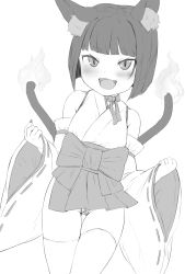 Rule 34 | 1girl, :d, animal ears, bad id, bad twitter id, blunt bangs, blush, bob cut, bow, cat ears, cat tail, copyright request, cowboy shot, fang, flame-tipped tail, gluteal fold, greyscale, hakama, hakama short skirt, hakama skirt, highres, japanese clothes, legs together, long sleeves, looking at viewer, maebari, medium hair, microskirt, monochrome, neck ribbon, nekomata, nishiuri, open mouth, ribbon, short eyebrows, simple background, skin fang, skirt, slit pupils, smile, solo, standing, tail, thigh gap, thighhighs, white background, wide sleeves
