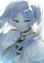 Rule 34 | 1girl, absurdres, aqua eyes, capelet, close-up, closed mouth, earrings, elf, frieren, highres, jewelry, long hair, looking at viewer, pointy ears, r1kuuw, shirt, signature, simple background, solo, sousou no frieren, twintails, upper body, white background, white capelet, white hair, white shirt