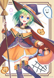 Rule 34 | 1girl, :d, blue eyes, blush, boots, broom, candy, cape, commentary, crescent, crescent hair ornament, dress, food, frills, hair ornament, halloween, hat, lollipop, looking at viewer, open mouth, original, shirai tanuki, smile, solo, takeda emi, takeda emi (shirai tanuki), thigh boots, thighhighs, twitter username, witch hat, zettai ryouiki