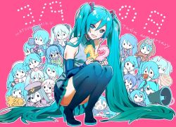 Rule 34 | 1girl, 39, :d, absurdly long hair, blouse, blue eyes, blue footwear, blue hair, blue nails, blue skirt, blue sleeves, blush, boots, character doll, character name, collared shirt, detached sleeves, floating hair, full body, grey shirt, hachune miku, hair between eyes, hatsune miku, high heel boots, high heels, jun (nad-j), long hair, long sleeves, looking at viewer, megaphone, miniskirt, nail polish, open mouth, pink background, pleated skirt, shirt, skirt, sleeveless, sleeveless shirt, smile, solo, spring onion, squatting, thigh boots, thighhighs, twintails, very long hair, vocaloid, wing collar, zettai ryouiki
