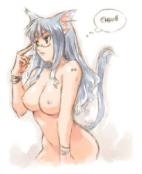 Rule 34 | 1girl, animal ears, barcode, bracelet, breasts, cat ears, cat tail, fish bone, glasses, jewelry, lowres, maruto!, nipples, nude, skeleton, solo, tail