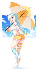 Rule 34 | 1girl, ass, bare shoulders, blue eyes, blue sky, boots, cloud, crop top, elbow gloves, gloves, high heel boots, high heels, highres, igayan, long hair, midriff, open mouth, original, panties, parasol, race queen, revision, shorts, silver hair, single thighhigh, sky, smile, solo, striped clothes, striped panties, thighhighs, umbrella, underwear, very long hair, yellow gloves