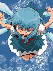 Rule 34 | alternate hair length, alternate hairstyle, blue eyes, blue hair, bow, cirno, flying, from above, hair bow, ice, ice wings, long hair, onikobe rin, pointy ears, smile, solo, touhou, wings