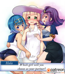 Rule 34 | 10s, 3girls, ?, acerola (pokemon), alternate color, ass, blonde hair, blue eyes, blue hair, blunt bangs, blush, breasts, collarbone, creatures (company), dress, elite four, english text, female focus, game freak, hair ornament, hairband, hat, lana (pokemon), lillie (pokemon), looking at viewer, looking back, multiple girls, nintendo, npc trainer, one-piece swimsuit, open mouth, patreon, pokemon, pokemon sm, profile, sesield, shiny skin, small breasts, sun hat, swimsuit, swimsuit under clothes, trial captain, white dress, yellow eyes