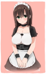 Rule 34 | 1girl, apron, breasts, brown hair, choker, frilled choker, frills, green eyes, hair over eyes, hakumei kosen, highres, large breasts, long hair, maid, maid apron, maid headdress, original, red background, simple background, solo, v arms, wrist cuffs