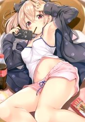 Rule 34 | 1girl, absurdres, armpits, arms up, bare shoulders, black jacket, blonde hair, breasts, camisole, drawstring, food, highres, jacket, long hair, long sleeves, looking at viewer, lying, medium breasts, midriff, navel, nozomi tsubame, on back, open clothes, open jacket, original, paw print, pink shorts, pocky, red eyes, scan, shirt, short shorts, shorts, soda bottle, solo, spaghetti strap, thighs, white shirt