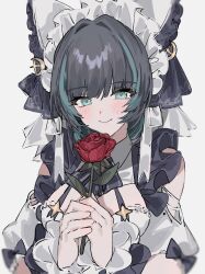 Rule 34 | 1girl, animal ears, aogisa, aqua eyes, aqua hair, azur lane, black hair, blush, breasts, cat ears, cheshire (azur lane), cleavage cutout, closed mouth, clothing cutout, commentary, detached sleeves, dress, flower, frilled dress, frills, hand up, highres, holding, holding flower, looking at viewer, maid, maid headdress, medium breasts, multicolored hair, red flower, red rose, rose, short hair, simple background, smile, solo, streaked hair, symbol-only commentary, white background, white dress, wrist cuffs