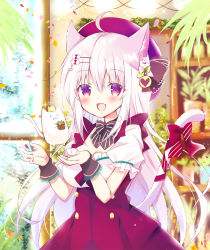 Rule 34 | 1girl, :d, ahoge, animal, animal ear fluff, animal ears, beret, bitter crown, black bow, blurry, blurry background, blush, bow, breasts, brown bow, cat, cat ears, cat girl, cat tail, cleavage, commentary request, depth of field, fang, hair between eyes, hair ornament, hairclip, hands up, hat, highres, indoors, long hair, medium breasts, open mouth, original, pink hair, plant, potted plant, puffy short sleeves, puffy sleeves, red bow, red eyes, red hat, red skirt, shirt, short sleeves, skirt, smile, solo, striped, striped bow, tail, tail bow, tail ornament, tail raised, very long hair, white shirt, window, wrist cuffs