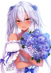 Rule 34 | 1girl, absurdres, alternate costume, bare shoulders, bouquet, breasts, collarbone, dark-skinned female, dark skin, dated, dress, fang, flower, frills, hair flower, hair ornament, highres, holding, holding bouquet, kantai collection, large breasts, light brown hair, mashiro yukiya, musashi (kancolle), musashi kai ni (kancolle), one-hour drawing challenge, open mouth, platinum blonde hair, red eyes, short hair with long locks, signature, simple background, smile, solo, strapless, strapless dress, twintails, two side up, wedding dress, white background, white dress
