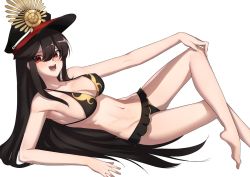 Rule 34 | 1girl, :d, armpits, bare shoulders, bikini, black bikini, black hair, breasts, cleavage, fate/grand order, fate (series), groin, hat, k jin, large breasts, long hair, looking at viewer, lying, navel, oda nobunaga (fate), oda nobunaga (koha-ace), oda nobunaga (swimsuit berserker) (fate), oda nobunaga (swimsuit berserker) (second ascension) (fate), on back, open mouth, red eyes, simple background, smile, solo, swimsuit, teeth, very long hair, white background