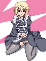 Rule 34 | 1girl, :d, black dress, blonde hair, blush, charlotte dunois, clothes lift, collared shirt, dress, dress lift, grey panties, grey thighhighs, hair between eyes, infinite stratos, kagura yuuto, lifting own clothes, long sleeves, looking at viewer, neck ribbon, open mouth, panties, pink background, purple eyes, ribbon, shiny clothes, shiny legwear, shirt, short hair, sitting, sketch, smile, solo, thighhighs, two-tone background, underwear, wariza, white background, white ribbon, wing collar