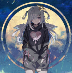 Rule 34 | 1girl, amane kanata, angel wings, black choker, black hoodie, blue hair, choker, closed mouth, colored inner hair, commentary request, cowboy shot, empty eyes, fragile (vocaloid), hair ornament, hair over one eye, hairclip, halo, hololive, hood, hoodie, long hair, long sleeves, looking at viewer, multicolored hair, official art, pink hair, print hoodie, purple eyes, silver hair, solo, standing, star halo, streaked hair, two side up, usirome, virtual youtuber, vocaloid, wings