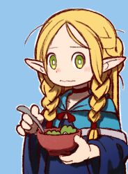 Rule 34 | 1girl, beeru (veil8801), blonde hair, blue background, blue hood, blue robe, bowl, braid, closed mouth, dungeon meshi, eating, elf, food, green eyes, highres, holding, holding bowl, long hair, long sleeves, looking at viewer, marcille donato, pointy ears, robe, solo, twin braids, upper body
