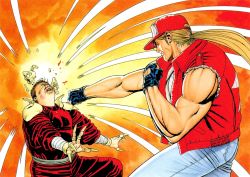 Rule 34 | 1990s (style), alternate costume, battle, blonde hair, cheng sinzan, claws, denim, fat, fat man, fatal fury, fighting, fingerless gloves, gloves, hat, highres, injury, jacket, jeans, mori toshiaki, muscular, neo geo, official art, pants, punching, snk, terry bogard