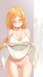 Rule 34 | 1girl, absurdres, aki rosenthal, bare shoulders, blonde hair, blush, bottomless, breasts, cleavage, cleft of venus, closed eyes, clothes lift, collarbone, dress, dress lift, female pubic hair, flashing, gluteal fold, grin, harry (dudwofla), highres, hololive, large breasts, lifting own clothes, long hair, low twintails, no panties, parted bangs, pubic hair, pussy, skirt, skirt lift, smile, solo, thighs, twintails, virtual youtuber, white dress