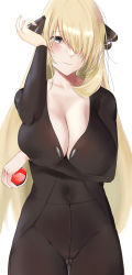 Rule 34 | 1girl, blonde hair, blush, breasts, brown coat, brown pants, cameltoe, carltoonist art, cleavage, closed mouth, coat, commentary, covered erect nipples, covered navel, creatures (company), cynthia (pokemon), eyelashes, game freak, grey eyes, hair ornament, hair over one eye, hand up, highres, holding, holding poke ball, large breasts, long hair, long sleeves, looking at viewer, nintendo, pants, poke ball, poke ball (basic), pokemon, pokemon dppt, smile, solo, thigh gap