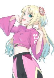 Rule 34 | 1girl, arm up, asueli ex, black pants, blonde hair, blue eyes, blue hair, breasts, clothes writing, cowboy shot, cropped shirt, fang, flower, gradient hair, hair flower, hair ornament, hand up, highres, light blue hair, link! like! love live!, long hair, long sleeves, looking at viewer, love live!, midriff, multicolored hair, multicolored pants, official alternate costume, osawa rurino, pants, parted bangs, pink flower, pink pants, pink shirt, shirt, sidelocks, simple background, small breasts, solo, twintails, virtual youtuber, white background, wide sleeves