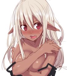 Rule 34 | 1girl, black dress, blush, breasts, covering privates, covering breasts, dark elf, dark skin, dark-skinned female, dress, elf, hiraga matsuri, hirasato, large breasts, long hair, open mouth, original, pointy ears, red eyes, simple background, solo, sweat, undressing, white hair